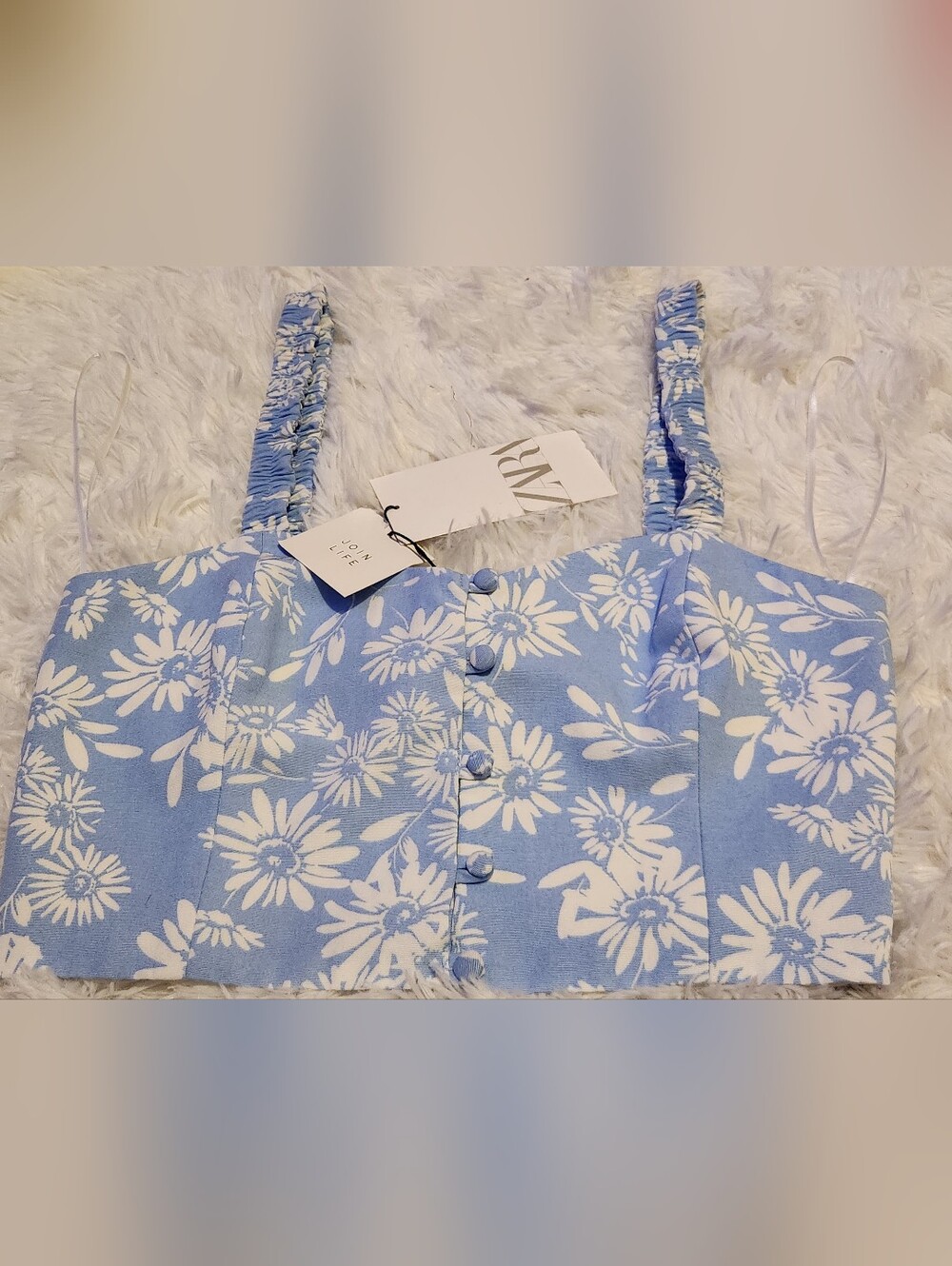 NEW ZARA SIZE SMALL Blue Floral Button-Front Crop Tank